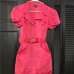 bebe Pink Mini Shirt Dress with Puff Sleeves and Notched Collar